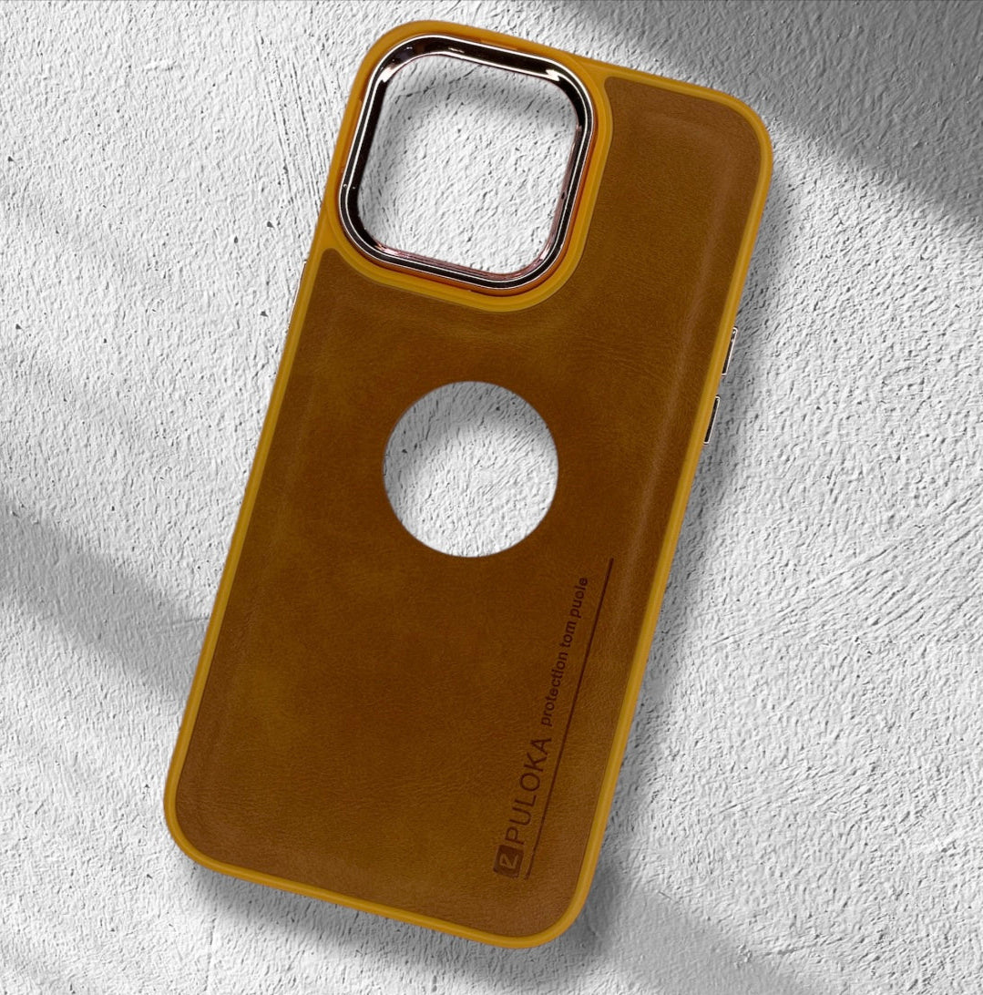 Premium Brown Leather Protective Case With Logo Cut For iPhone 14 Pro Max