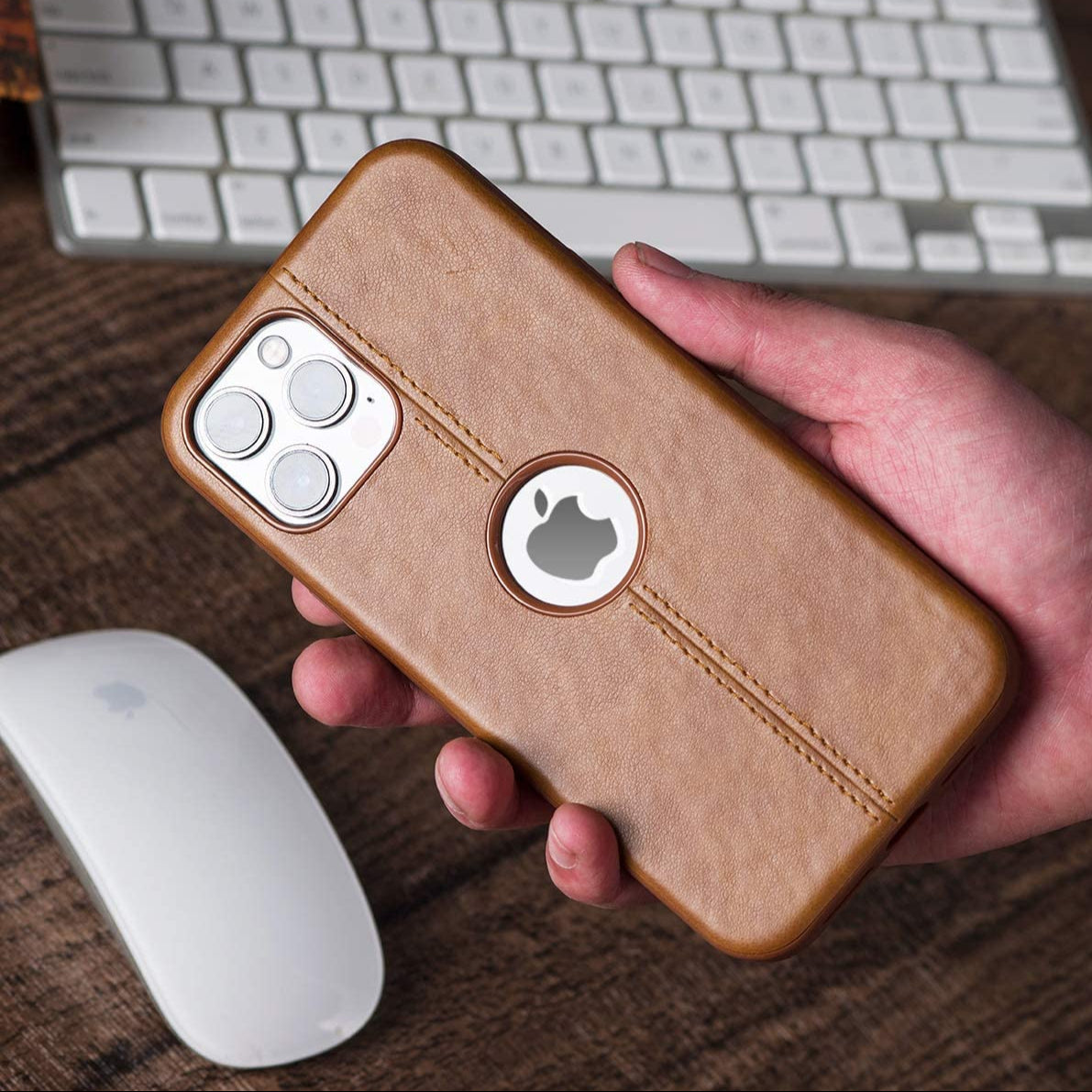 Premium Brown Leather Protective Case With Logo Cut For iPhone 14 Plus