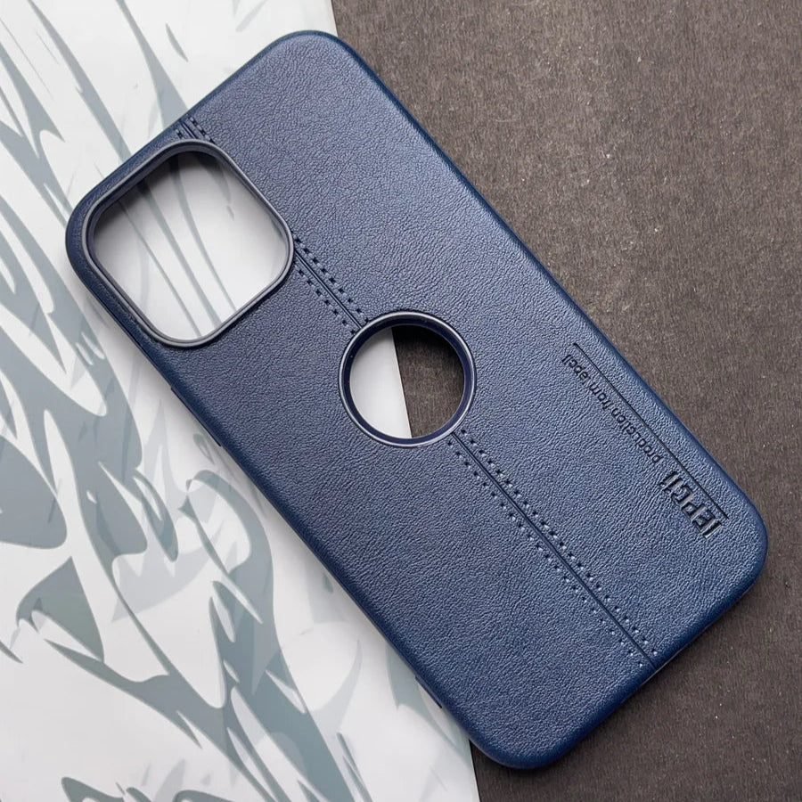 Premium Blue Leather Protective Case With Logo Cut For iPhone 14 Plus